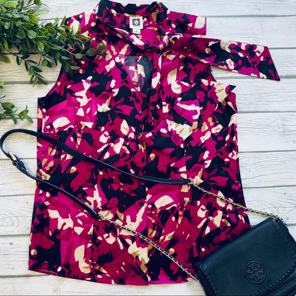 Anne Klein Printed Tie-Neck Top Sleeveless Blouse